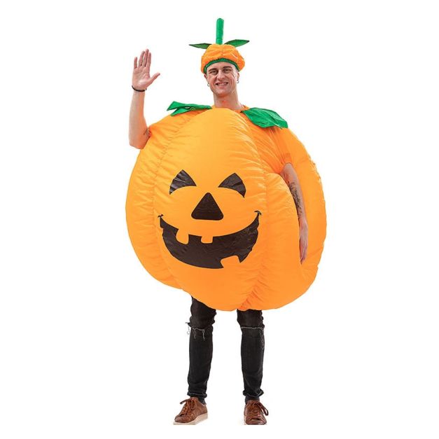 Adult inflatable pumpkin costume with jack-o'-lantern face and green stem hat