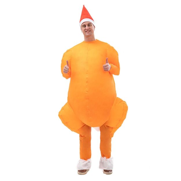 Adult inflatable turkey costume with orange roast body and white tail feathers Adult inflatable turkey costume with orange roast body and white tail feathers