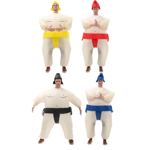Adult inflatable sumo suits costume with topknot hat and colored belt