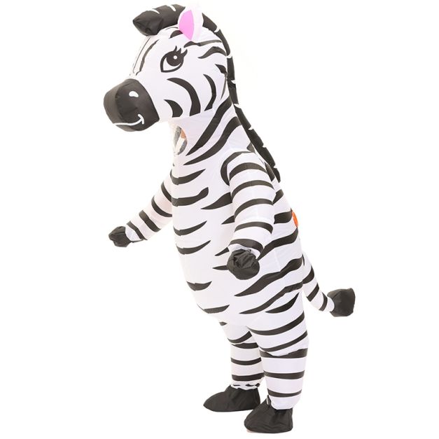 Full-body zebra inflatable suit showing mesh chest panel and battery fan unit Full-body zebra inflatable suit showing mesh chest panel and battery fan unit