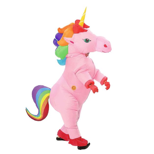 Adult inflatable unicorn costume in bright pink with rainbow mane and tail Adult inflatable unicorn costume in bright pink with rainbow mane and tail