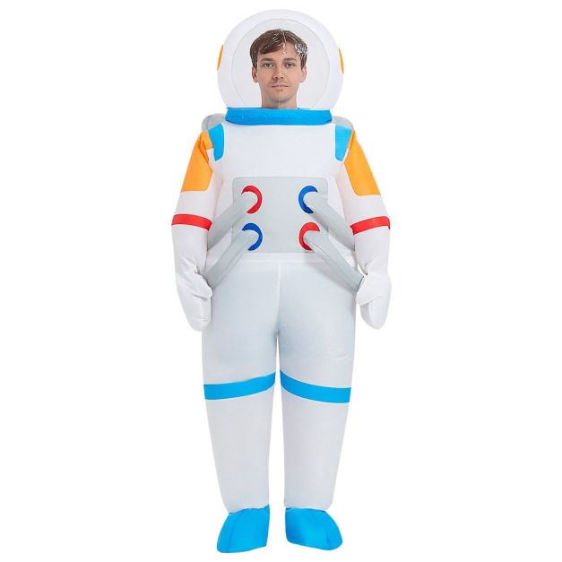 Adult inflatable astronaut costume with clear bubble helmet and retro color blocking Adult inflatable astronaut costume with clear bubble helmet and retro color blocking