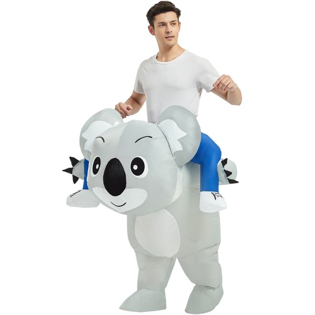 Adult inflatable koala costume with smiling face and ride-on design Adult inflatable koala costume with smiling face and ride-on design