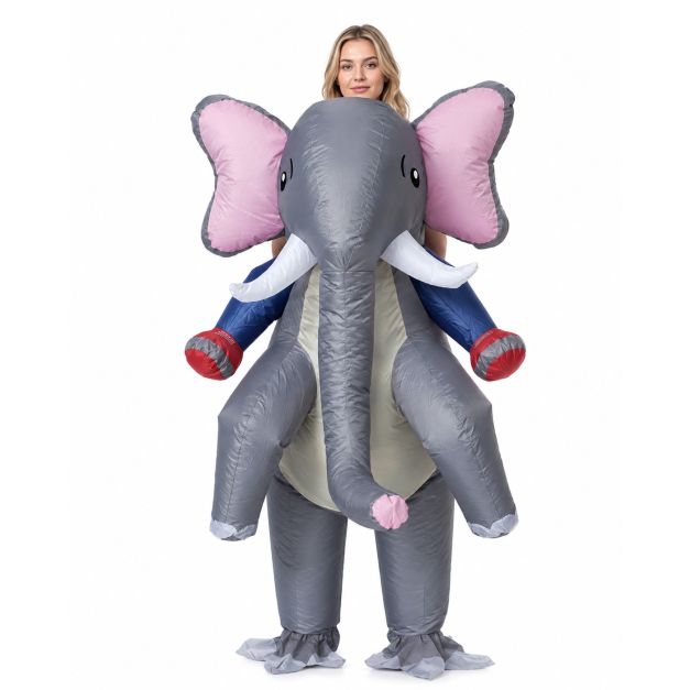 Adult inflatable elephant ride-on costume with boxing gloves and pink ears
