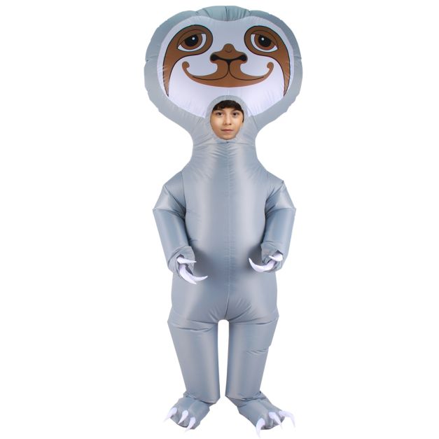 Kids grey inflatable sloth costume with smiling face and white claws