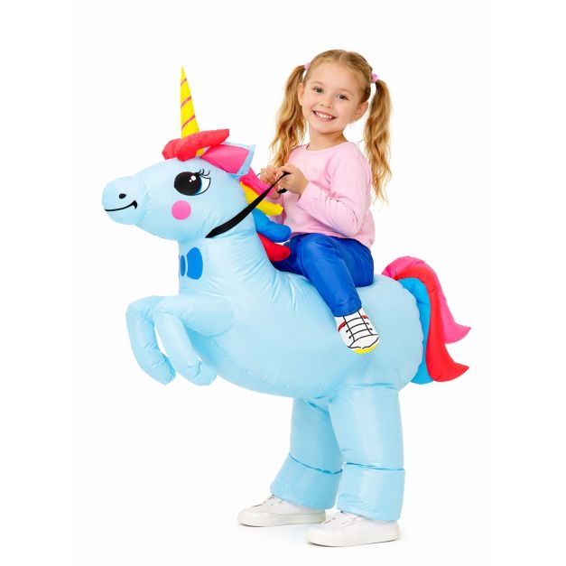 Kids inflatable unicorn ride-on costume with rainbow mane and tail Kids inflatable unicorn ride-on costume with rainbow mane and tail