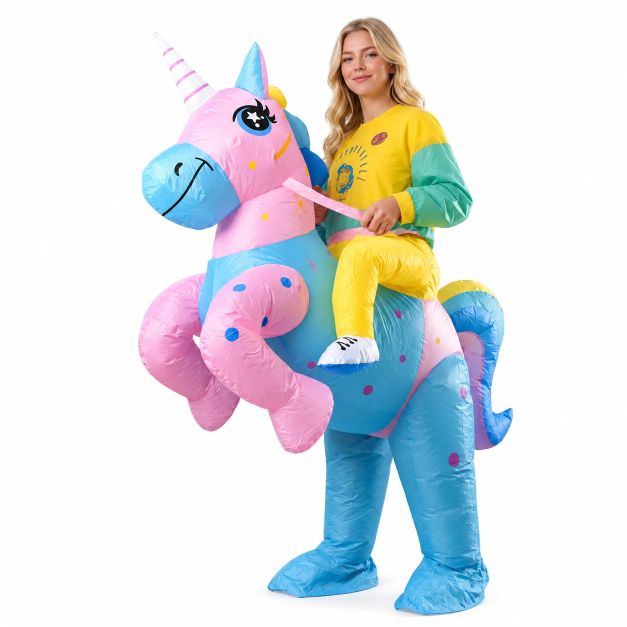 Adult inflatable rainbow unicorn ride-on costume with striped horn and polka-dot hooves