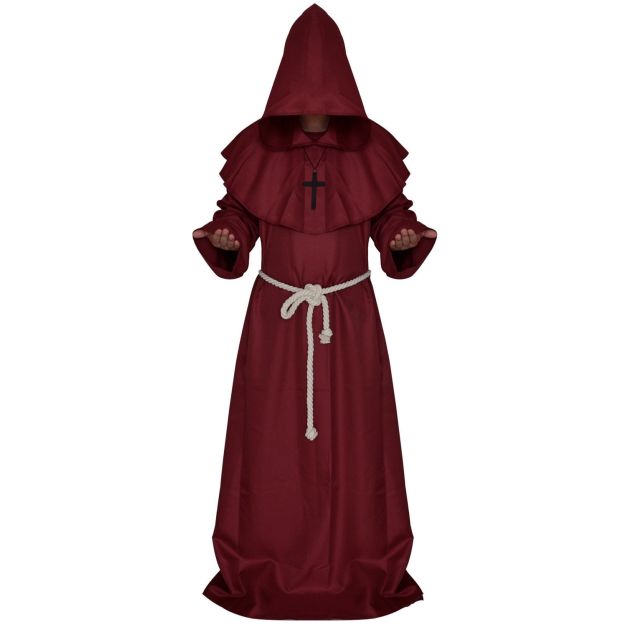 Medieval friar costume showing full-length wine red robe with rope belt
