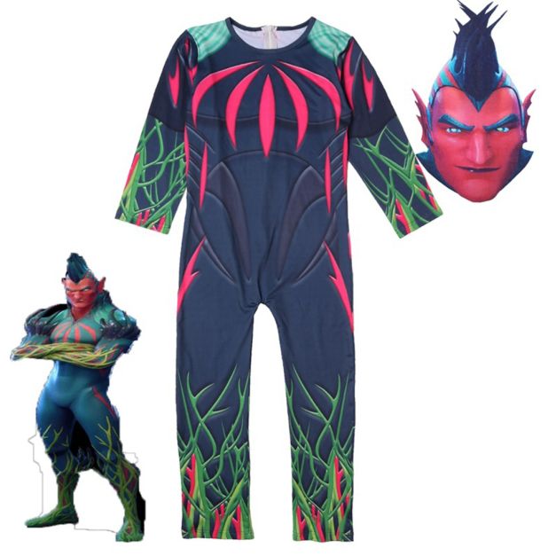 Kids plant warrior costume with navy blue jumpsuit and botanical armor print Kids plant warrior costume with navy blue jumpsuit and botanical armor print