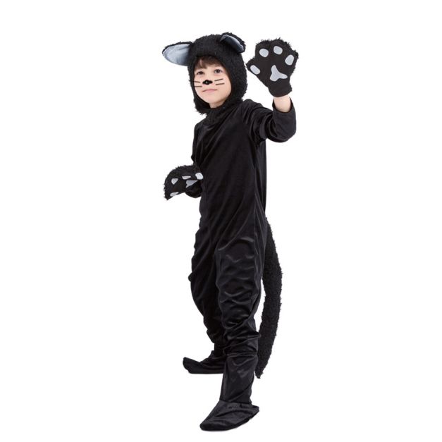 Black velour cat onesie showing paw gloves and footies Black velour cat onesie showing paw gloves and footies