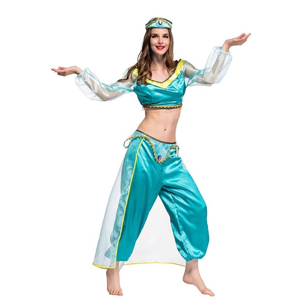 Womens turquoise Arabian genie costume with cropped top, harem pants, and jeweled headpiece