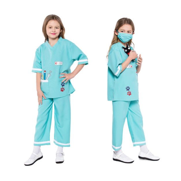 Turquoise veterinarian costume with white reflective trim and elastic waist pants Turquoise veterinarian costume with white reflective trim and elastic waist pants