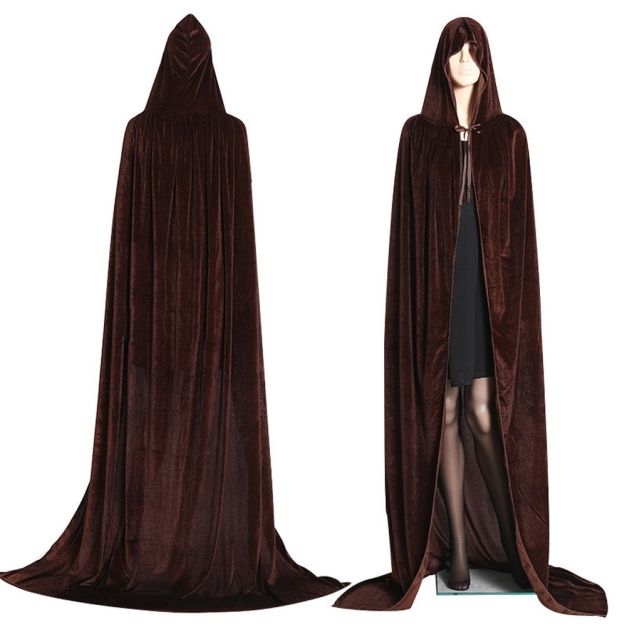 Full-length Gothic sorcerer cape with wooden barrel toggle and cord ties at neck Full-length Gothic sorcerer cape with wooden barrel toggle and cord ties at neck