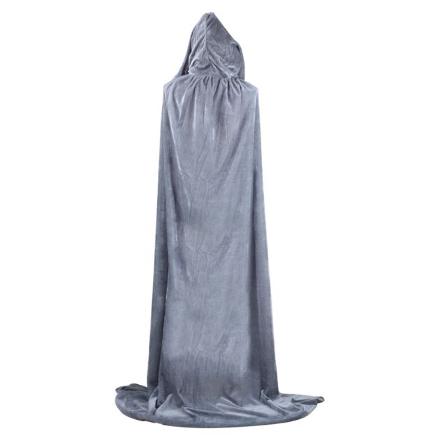 Medieval wizard cloak in grey velvet with structured hood and pooling hem