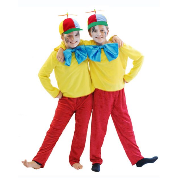 Child wearing Tweedle Dum schoolboy outfit with multicolored cap and spinning propeller