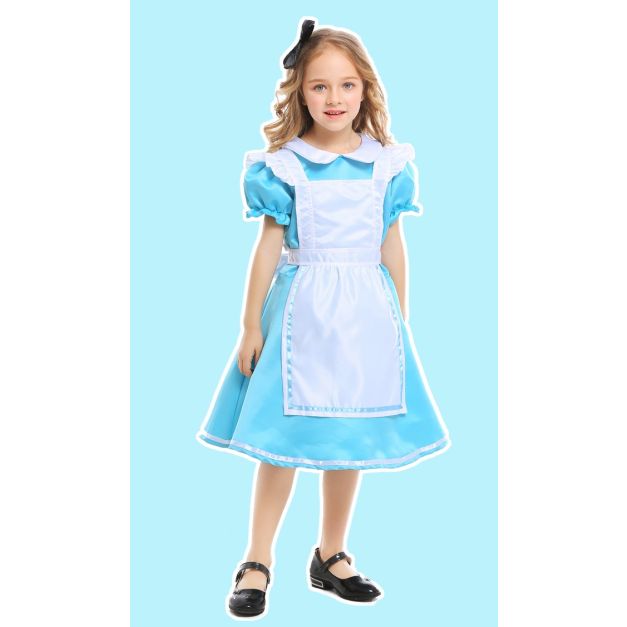 Womens wonderland adventure book week costume blue dress with white apron and classic storybook collar Womens wonderland adventure book week costume blue dress with white apron and classic storybook collar