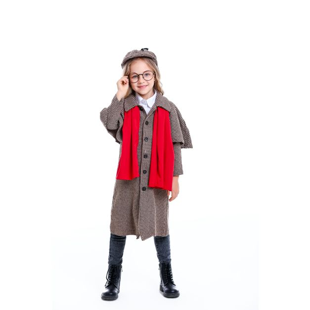 Child wearing detective costume set with red scarf and prop glasses frames