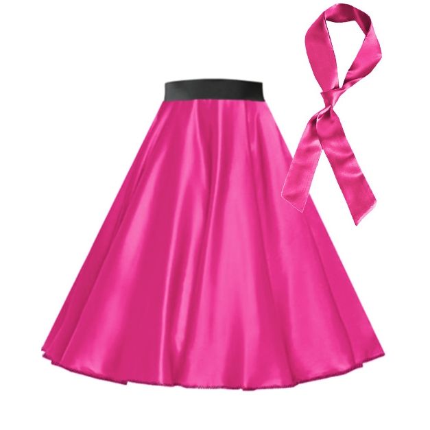 Hot pink satin circle skirt with black waistband and matching neck scarf Hot pink satin circle skirt with black waistband and matching neck scarf