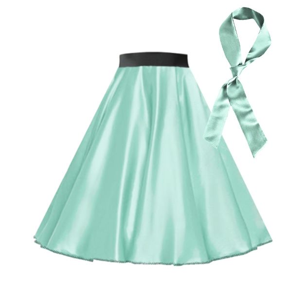 Girls light blue 1950s rock n roll satin skirt with black waistband and matching scarf Girls light blue 1950s rock n roll satin skirt with black waistband and matching scarf