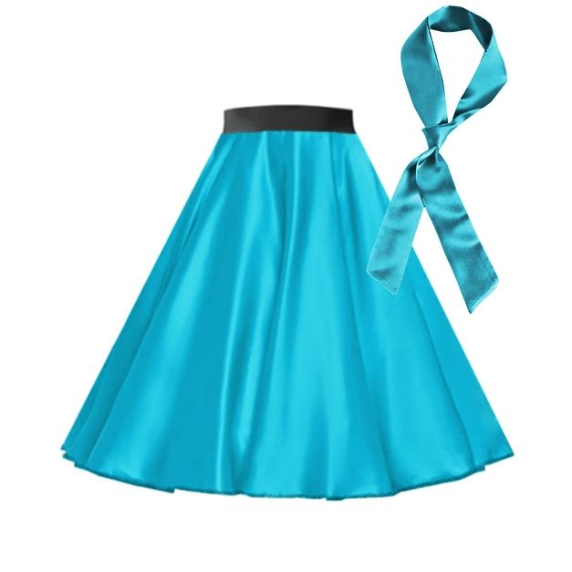 Aqua blue satin 1950s circle skirt and scarf set with black elastic waist Aqua blue satin 1950s circle skirt and scarf set with black elastic waist
