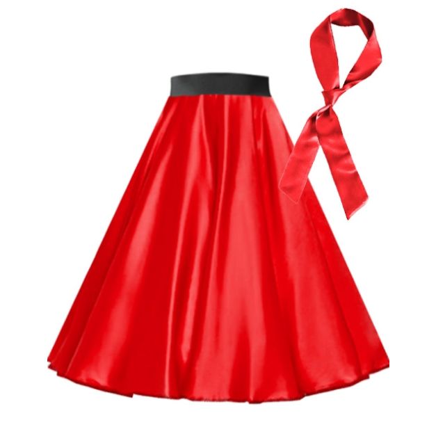 Red satin 1950s circle skirt with black waistband and matching scarf Red satin 1950s circle skirt with black waistband and matching scarf