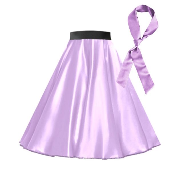 Purple satin circle skirt with black elastic waistband and matching scarf Purple satin circle skirt with black elastic waistband and matching scarf