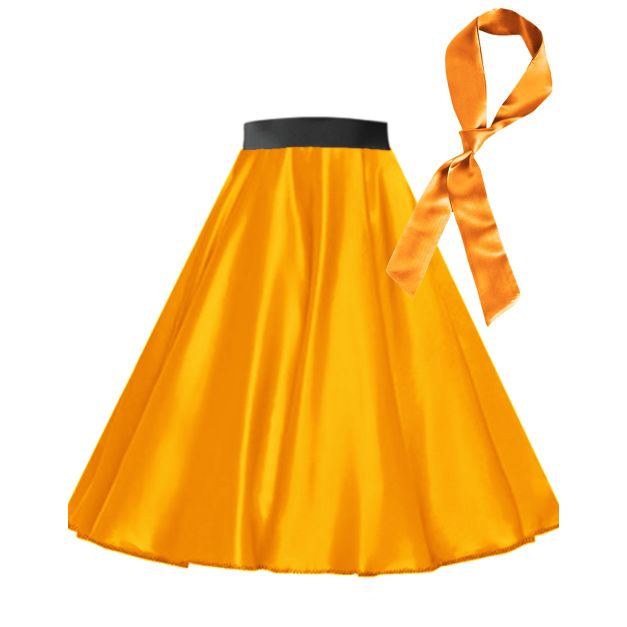 Girls orange satin circle skirt with black waistband and matching scarf on white background Girls orange satin circle skirt with black waistband and matching scarf on white background