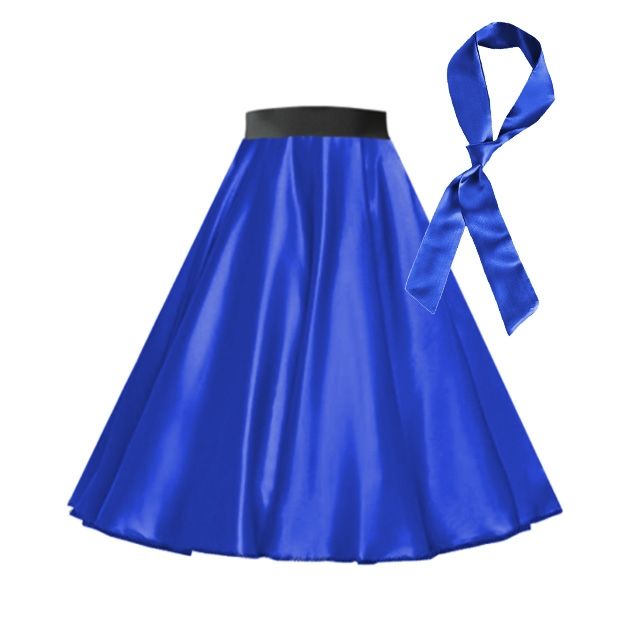 Royal blue satin circle skirt with black elastic waistband and matching neck scarf Royal blue satin circle skirt with black elastic waistband and matching neck scarf