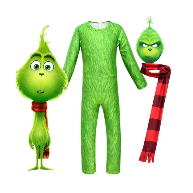 Kids green furry jumpsuit costume with character mask and striped red scarf Kids green furry jumpsuit costume with character mask and striped red scarf