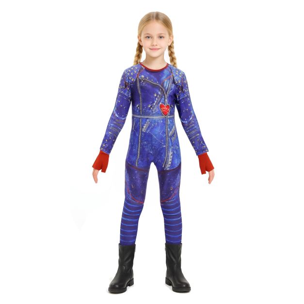 Kids blue rock princess costume jumpsuit with studded jacket print and red heart emblem Kids blue rock princess costume jumpsuit with studded jacket print and red heart emblem