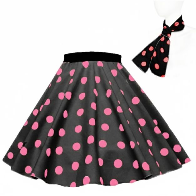Black circle skirt with pink polka dots and matching scarf on white background Black circle skirt with pink polka dots and matching scarf on white background