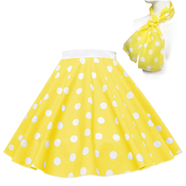 yellow polka dot circle skirt with matching scarf 1950s costume yellow polka dot circle skirt with matching scarf 1950s costume