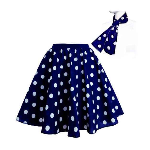 Adult women's rockabilly costume showing full circle skirt with white polka dots Adult women's rockabilly costume showing full circle skirt with white polka dots