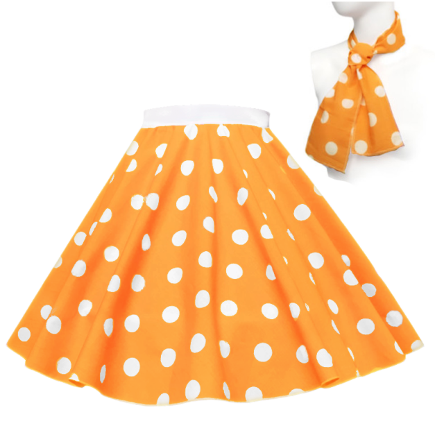 orange polka dot circle skirt with matching scarf 1950s costume orange polka dot circle skirt with matching scarf 1950s costume