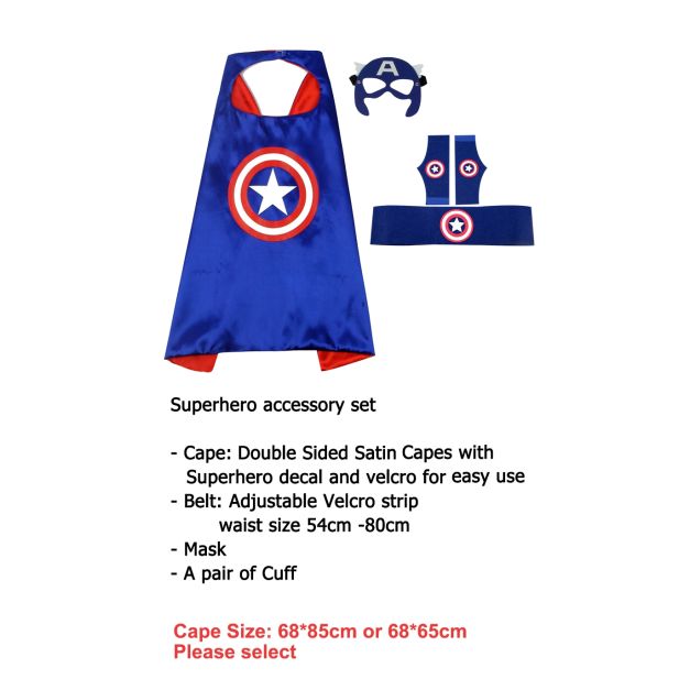 Kids patriotic superhero accessory set with blue cape and star shield emblem Kids patriotic superhero accessory set with blue cape and star shield emblem