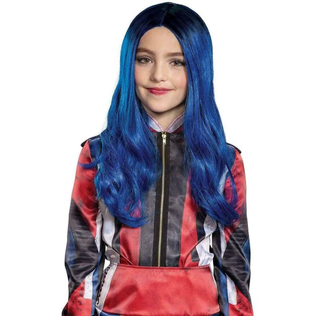 Girls electric blue long wavy wig with dark gradient roots and bright turquoise ends