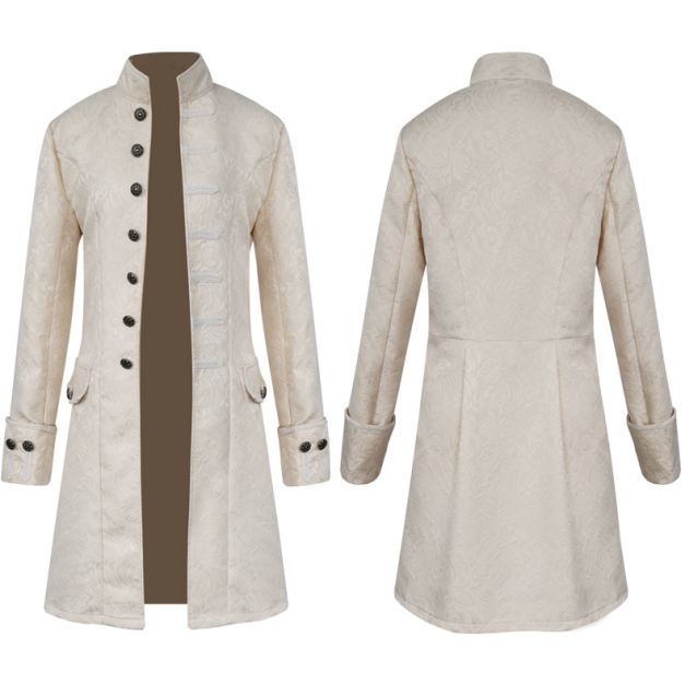 Cream steampunk tailcoat jacket with double-breasted buttons and mandarin collar front view Cream steampunk tailcoat jacket with double-breasted buttons and mandarin collar front view