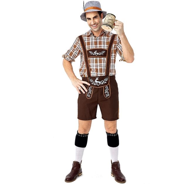 Mens Bavarian lederhosen costume with embroidered bib and plaid shirt Mens Bavarian lederhosen costume with embroidered bib and plaid shirt
