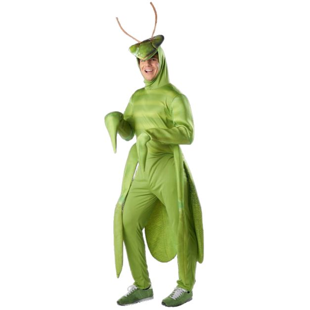 Adult praying mantis costume with bright green full-body jumpsuit and sculpted hood Adult praying mantis costume with bright green full-body jumpsuit and sculpted hood