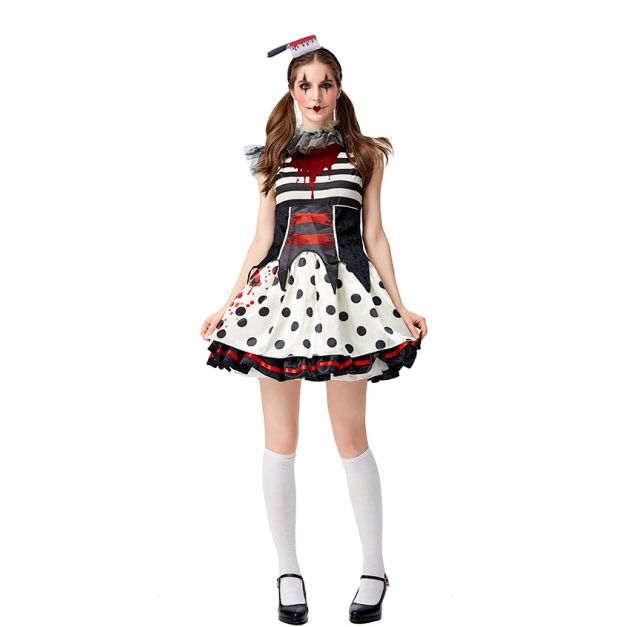 Ladies clown outfit horror zombie dress with striped bodice and polka-dot skirt Ladies clown outfit horror zombie dress with striped bodice and polka-dot skirt