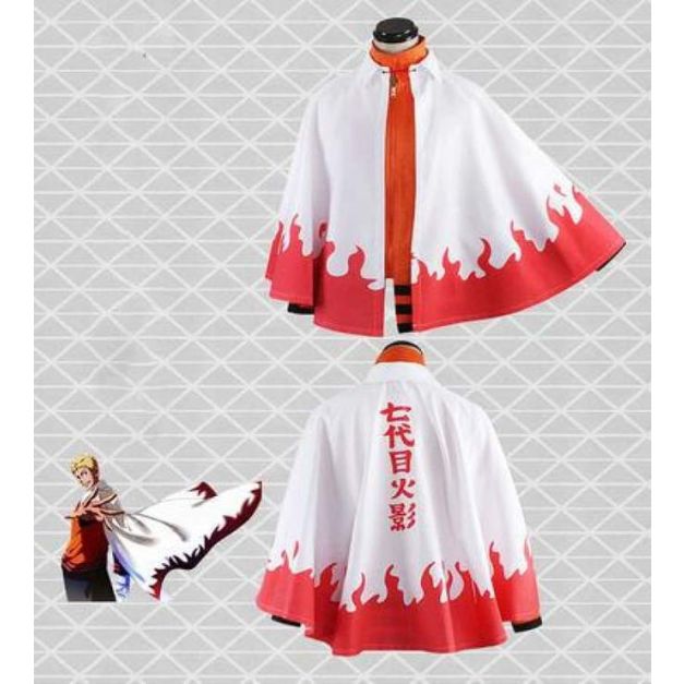 Adult white anime cape with red flame hem design and kanji characters on back Adult white anime cape with red flame hem design and kanji characters on back