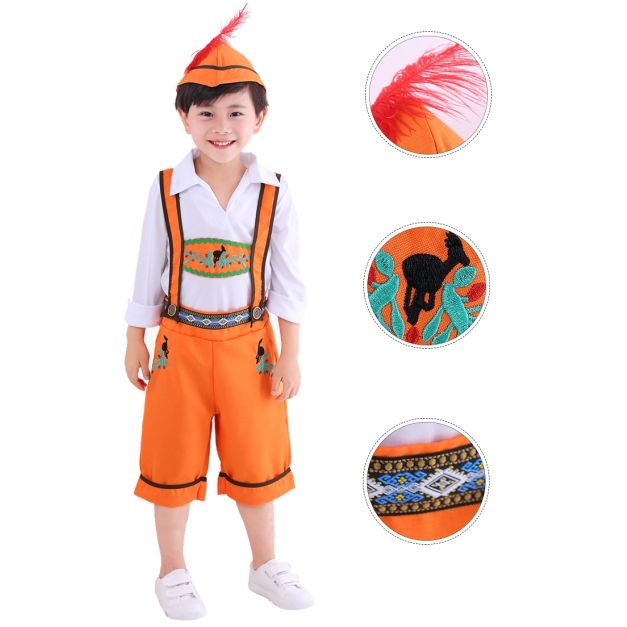 Orange peaked cap with black trim and red feather plume detail for Oktoberfest costume Orange peaked cap with black trim and red feather plume detail for Oktoberfest costume