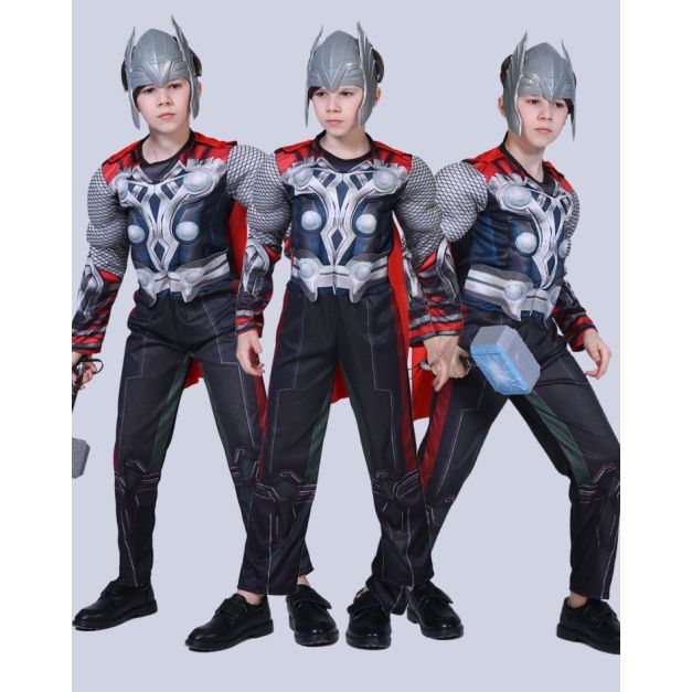 Kids Norse God costume with muscle chest jumpsuit, red cape and winged helmet Kids Norse God costume with muscle chest jumpsuit, red cape and winged helmet