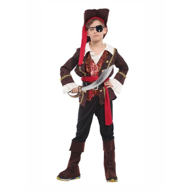 Boys Caribbean pirate captain costume with brown coat and gold trim Boys Caribbean pirate captain costume with brown coat and gold trim