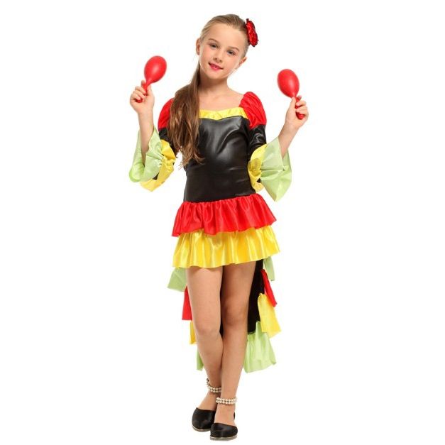 Back view of girls Spanish dancer dress showing dramatic floor-length ruffled train in red yellow lime green Back view of girls Spanish dancer dress showing dramatic floor-length ruffled train in red yellow lime green
