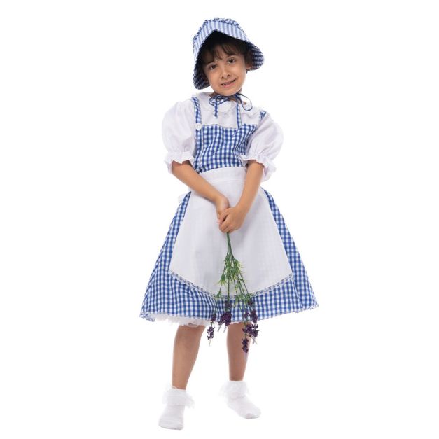 Girls blue gingham Victorian prairie dress with white puffed sleeves and matching bonnet Girls blue gingham Victorian prairie dress with white puffed sleeves and matching bonnet