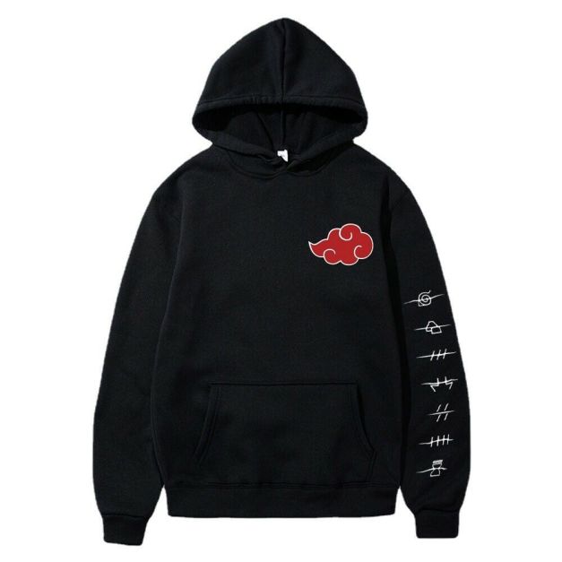 Black anime rogue ninja hoodie with red cloud emblem on chest and white village symbols on sleeve Black anime rogue ninja hoodie with red cloud emblem on chest and white village symbols on sleeve