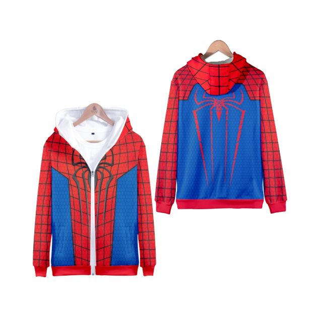 Adult red and blue spider superhero zip-up hoodie with all-over web pattern print Adult red and blue spider superhero zip-up hoodie with all-over web pattern print