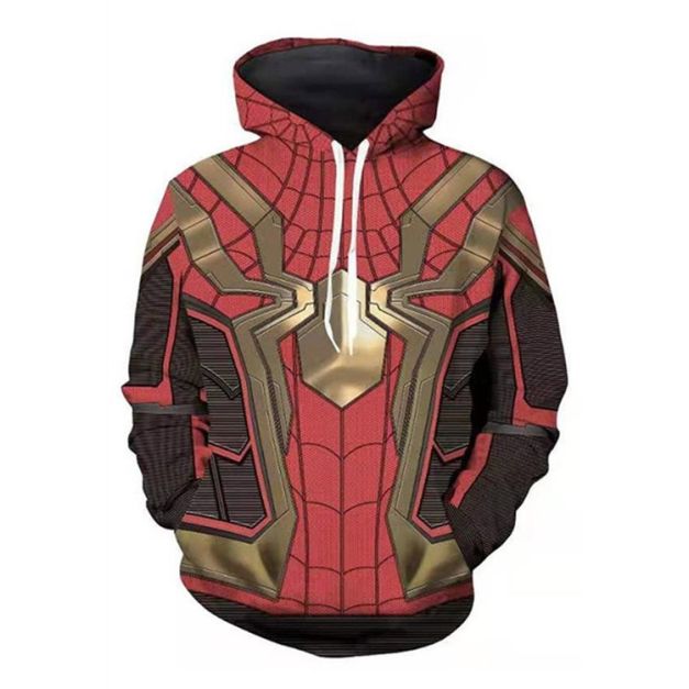Adult red and gold superhero hoodie with 3D armor print and spider emblem Adult red and gold superhero hoodie with 3D armor print and spider emblem