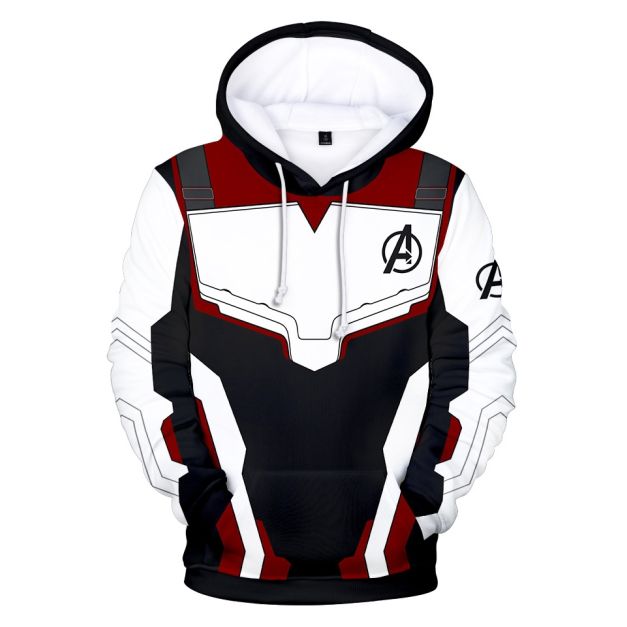 Adult superhero team quantum suit hoodie front view with white red black armor print Adult superhero team quantum suit hoodie front view with white red black armor print